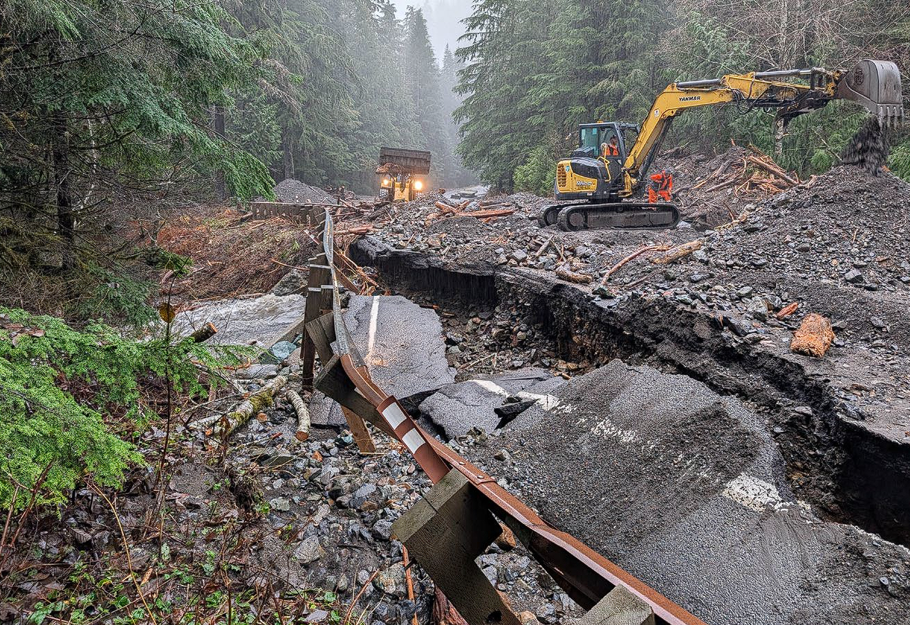 A damaged section of State Route 542 between mileposts 43 and 45 east of Glacier after floodwaters from an atmospheric river event in December. Source: WSDOT