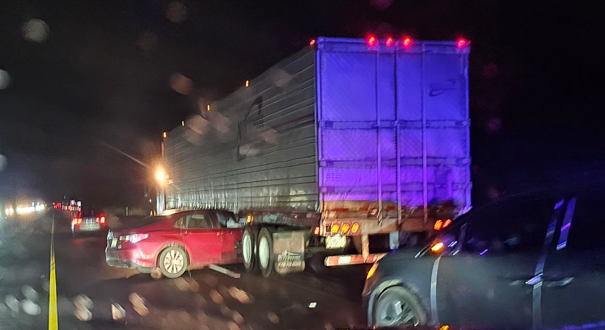 Scene of a car vs semi-truck crash blocking all lanes of southbound I-5 in Ferndale (January 28, 2026). Photo courtesy of Jeff Fisher