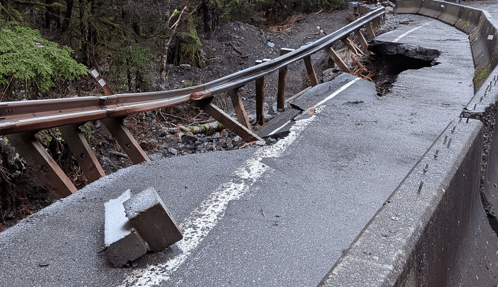 Scene of damaged O’Keefe Creek and adjacent roadway on Mt Baker Hwy (December 19, 2025). Photo: WSDOT