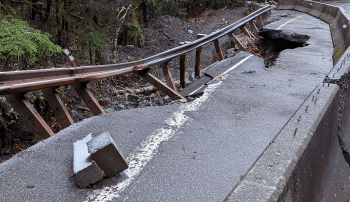 Scene of damaged O’Keefe Creek and adjacent roadway on Mt Baker Hwy (December 19, 2025). Photo: WSDOT