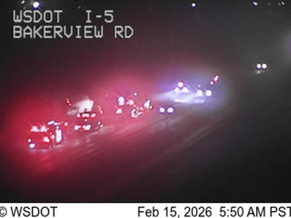 Semi-truck and trailer rollover blocks I-5 lane in Bellingham