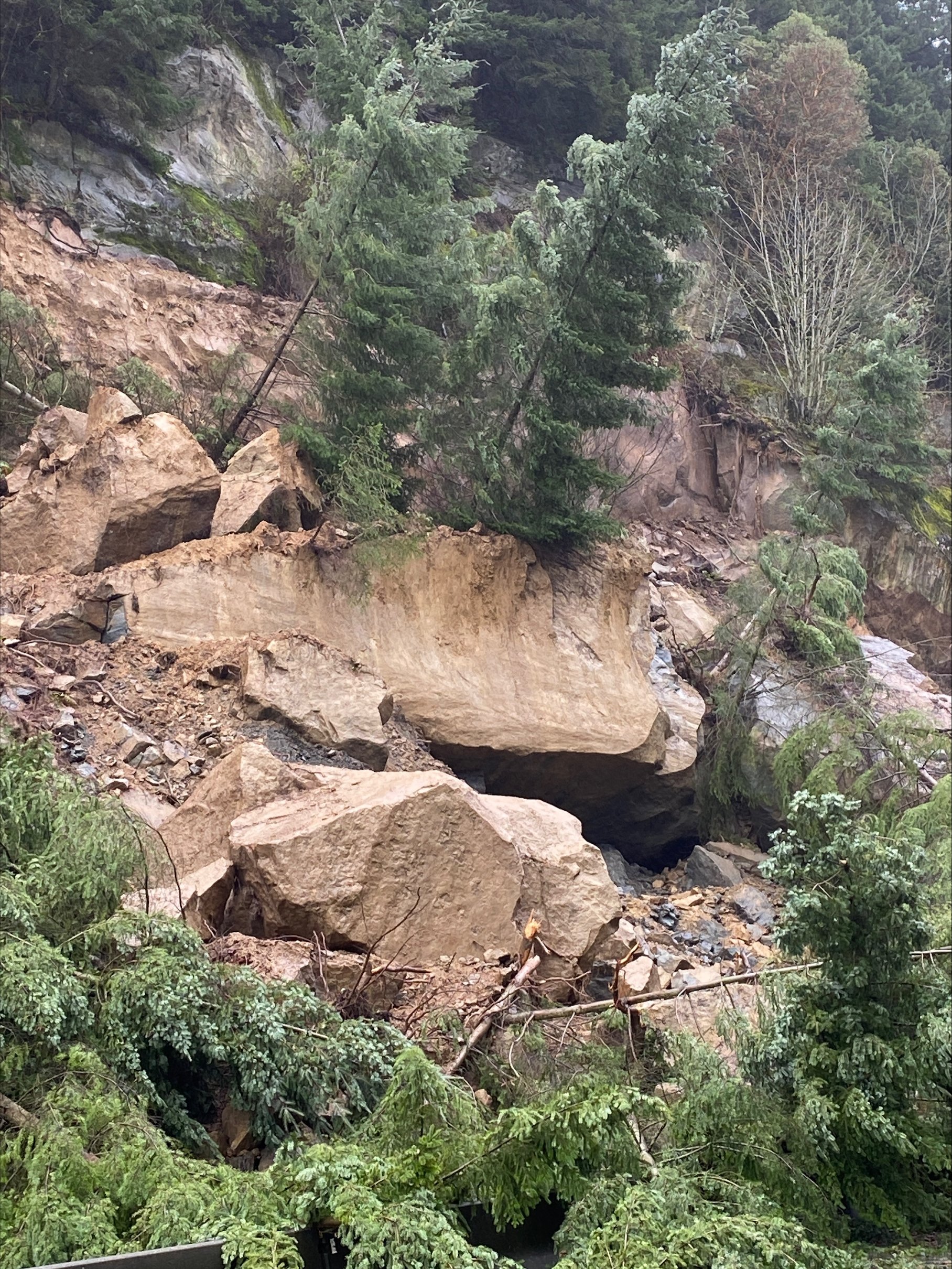 Scene of multiple landslides onto I-5 south of Bellingham (March 21, 2026). Photo: WSDOT