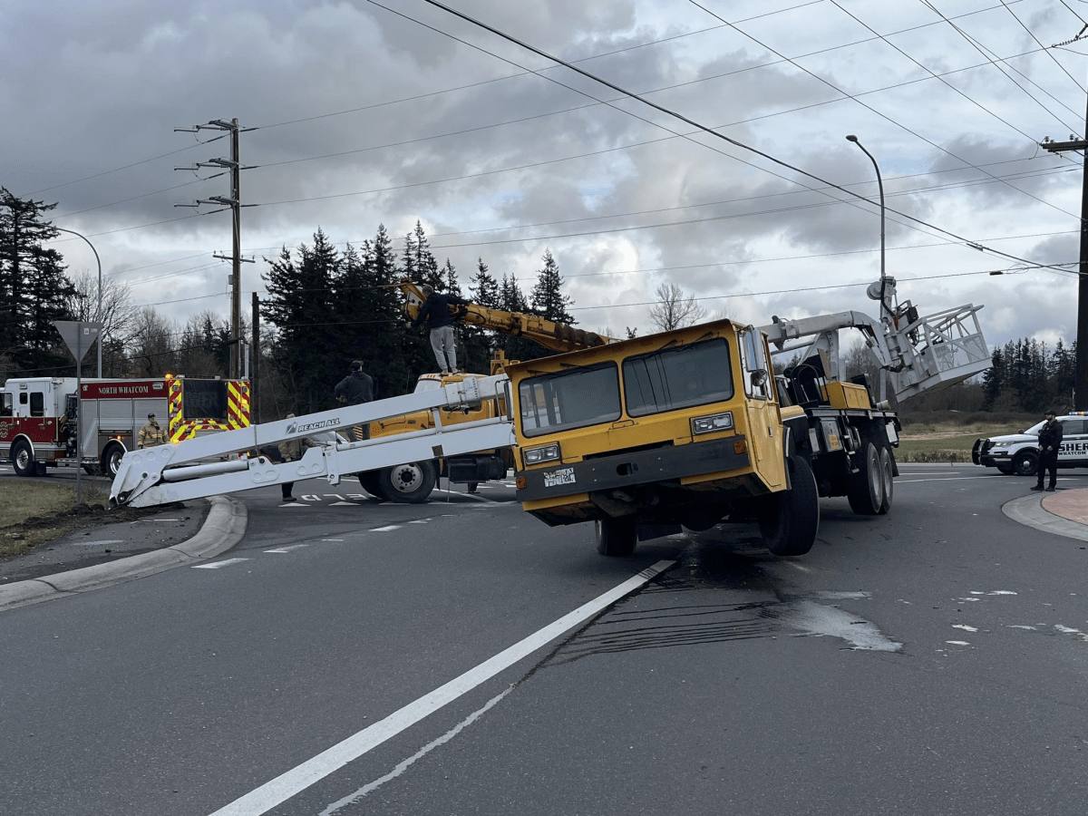 Commercial vehicle crash blocks roundabout on Hannegan Road Friday