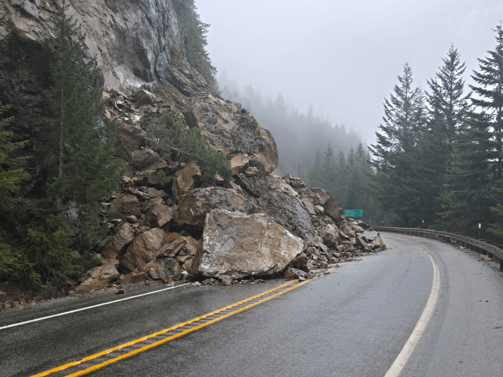 Scene of a rockslide on North Cascades Highway near Lake Diablo (March 18, 2026). Source: WSDOT