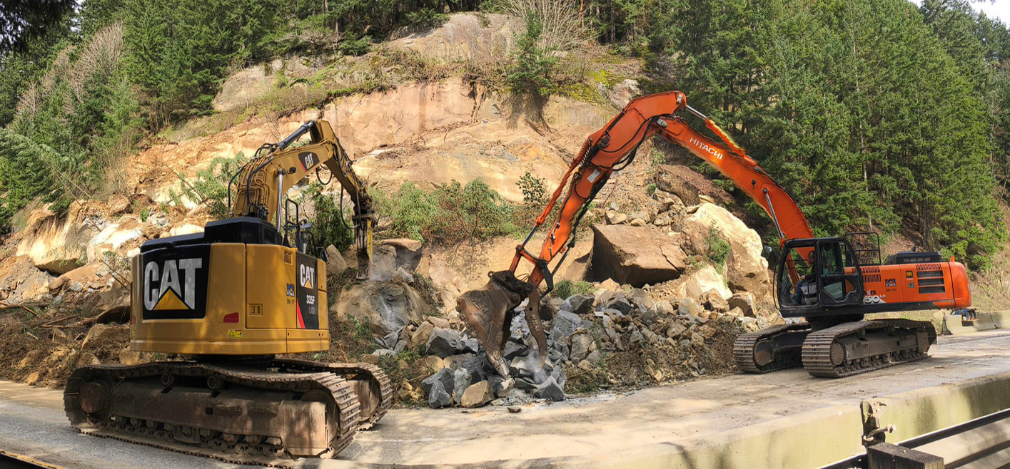 Scene of cleanup work after multiple landslides close NB I-5 south of Bellingham (March 23, 2026). Photo: WSDOT