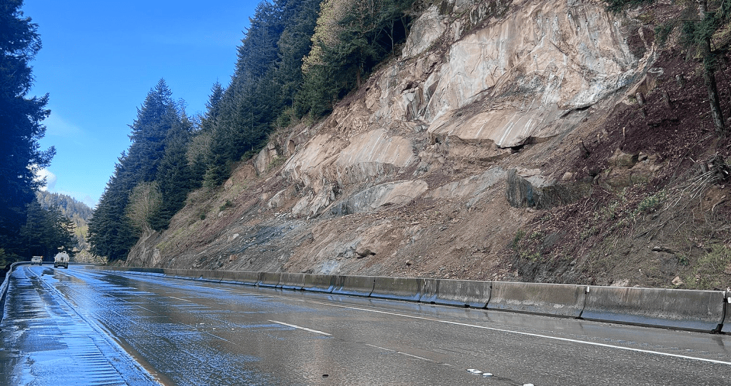 The slope above northbound I-5 south of Bellingham after weeks of stabilization work. (April 15, 2026). Source: WSDOT