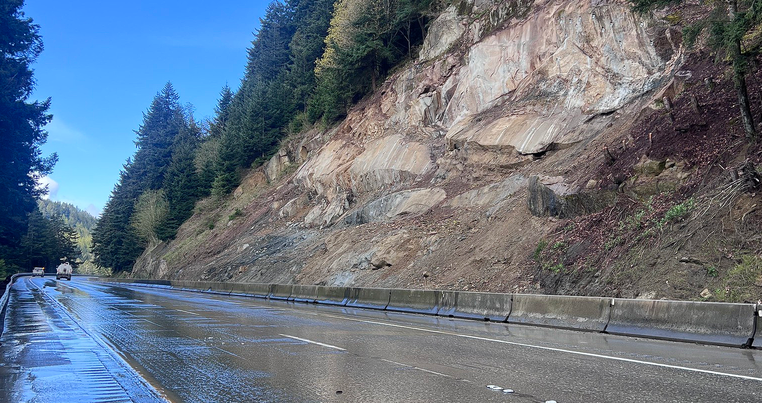 The slope above northbound I-5 south of Bellingham after weeks of stabilization work. (April 15, 2026). Source: WSDOT