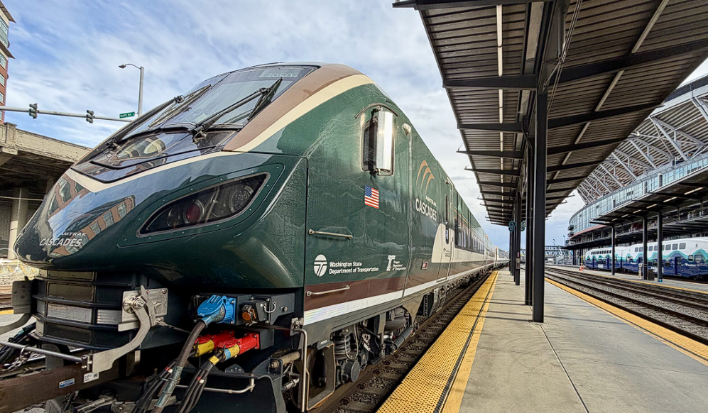 The first of 8 Airo trainsets to service the Amtrak Cascades route arrives in Seattle (May 17, 2026). Source: Amtrak