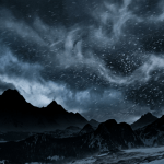 Dark mountain silhouette beneath a stormy night sky with swirling snowflakes