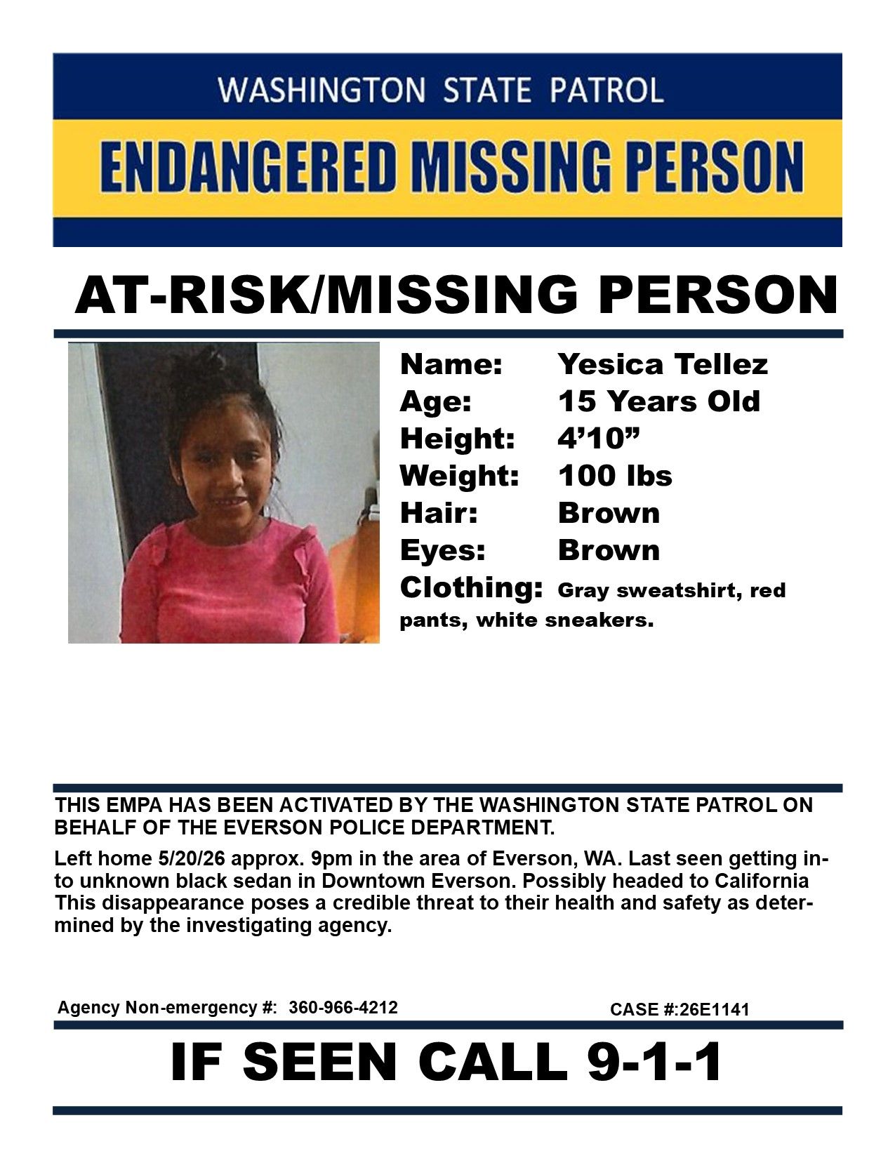 Missing endangered person out of Everson