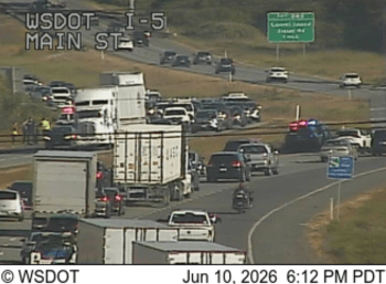 Scene of a motorcycle crash in the northbound lanes of I-5 (June 10, 2026). WSDOT traffic camera image