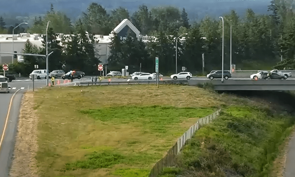 Scene of vehicle vs pedestrian collision in Bellingham (July 9, 2026). Source: WSDOT traffic camera