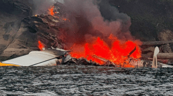 Scene of a aircraft on fire after making an emergency landing in Shallow Bay at Sucia Island (July 23, 2026). Source: US Coast Guard Sector Puget Sound