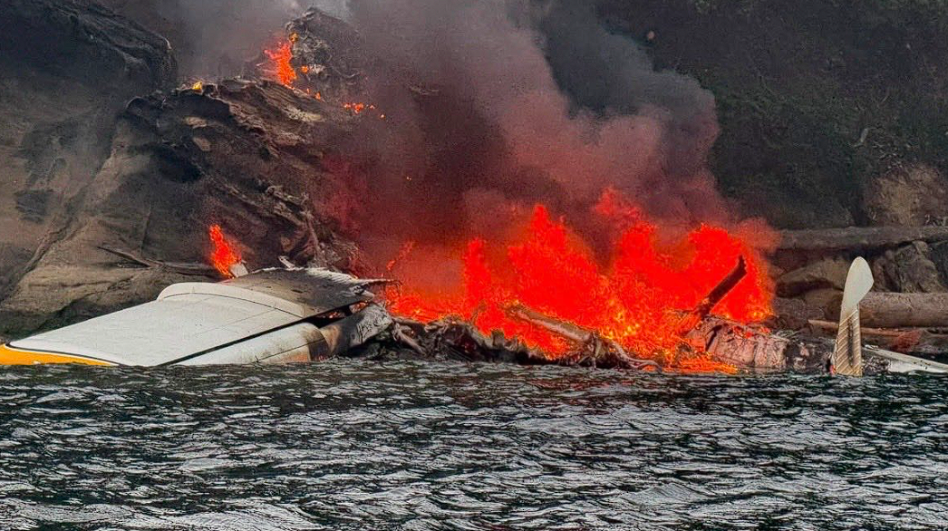 Scene of a aircraft on fire after making an emergency landing in Shallow Bay at Sucia Island (July 23, 2026). Source: US Coast Guard Sector Puget Sound