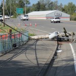 Power pole down on the roadway after being knocked down in Ferndale (September 8, 2026). Photo: Whatcom News