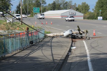 Power pole down on the roadway after being knocked down in Ferndale (September 8, 2026). Photo: Whatcom News