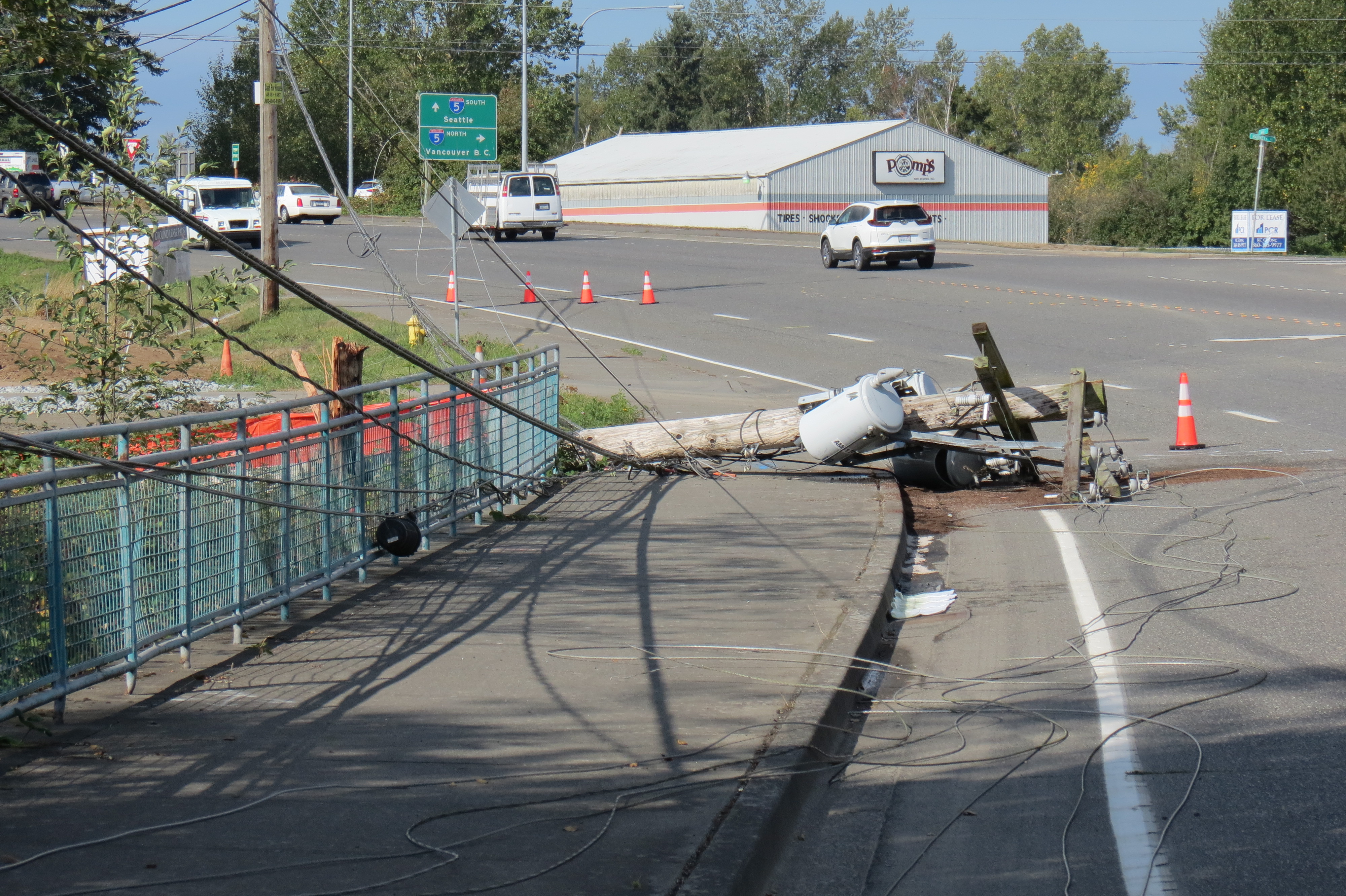 Power pole down on the roadway after being knocked down in Ferndale (September 8, 2026). Photo: Whatcom News